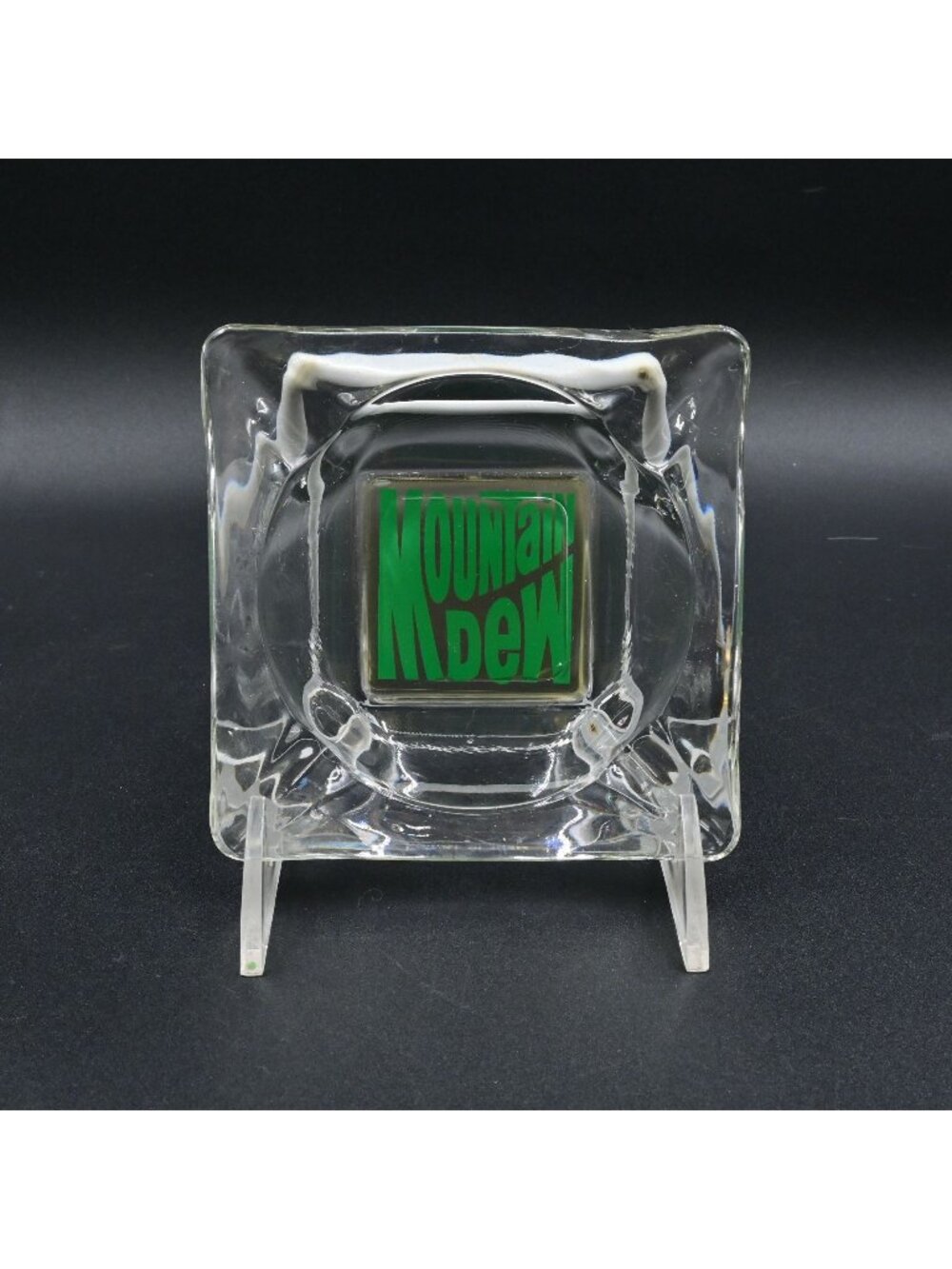 Mountain Dew Glass Ashtray Square Soda Advertising Tobacciana Rare Sign Vintage